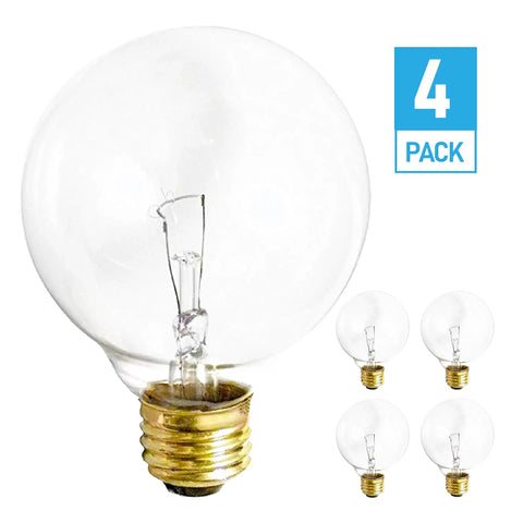 Four Pack G25 Globe Light Bulbs 25W Incandescent 2700K Soft White E26 Base Dimmable Crystal Clear Vanity Lights For Makeup Mirror Bathroom And Pendant Fixtures Built For A Get Ready Glow, showing globe bulb with filament and E26 base, 4-pack label.