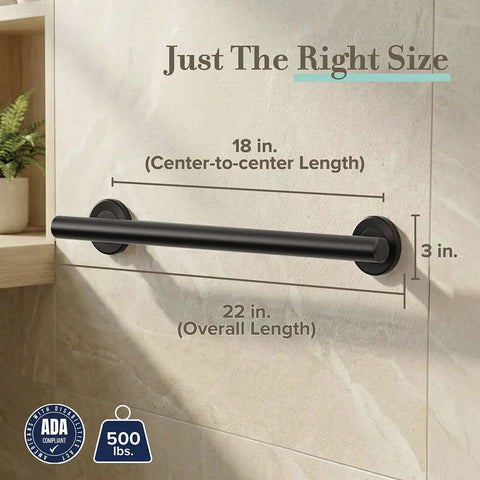 Latitude II 18 Inch Matte Black Grab Bar For Shower And Bath, Heavy Duty Safety Rail, dimensions and installation diagram.