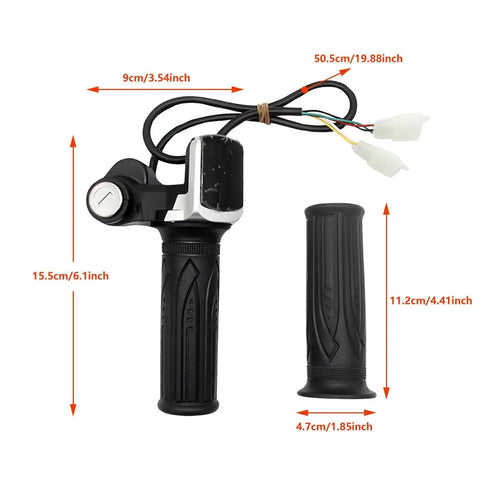 48V Half Twist Throttle with LED Display and Key Lock for Ebikes, Motorcycles and Scooters with measurements