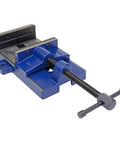 Built Tough 6 Inch Drill Press Vise with Heavy Duty Stationary Base, cast ductile iron, blue finish, replaceable jaws, side view
