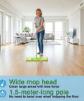 All Purpose Floor Dust Mop With 58 Inch Extendable Handle And Washable Chenille Pads in use on hardwood floor, green