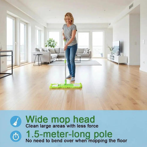 All Purpose Floor Dust Mop With 58 Inch Extendable Handle And Washable Chenille Pads in use on hardwood floor, green
