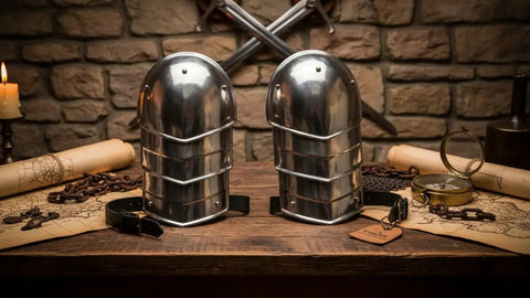 Medieval Steel Shoulder Armor Pauldrons In Silver, Rustic Vintage Style for LARP on wooden table with maps and props