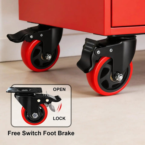 Tough As Nails 3 Inch Heavy Duty Caster Wheels With Dual Swivel Brakes Set Of 2 Polyurethane Silent Rollers showcasing red wheels and foot brake.
