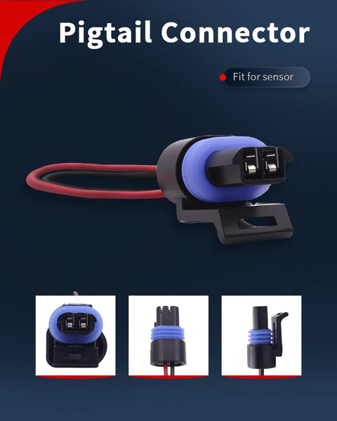 Engine coolant temperature sensor pigtail connector, front view, blue silicone boot, two-pin plug.