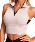 Cropped Workout Tank For Women With Built In Bra Half Zip High Neck Sports Top in Chintz Rose, Sleeveless Athletic Design