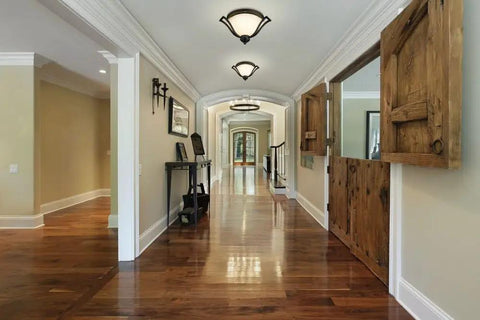 Hallway with Lagoon Three Light Ceiling Fixture With Steel Frame Matte Black Finish And Matte Opal Glass Shade