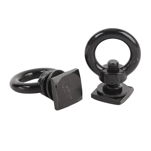 Heavy Duty Stainless Steel T Slot Tie Down Anchors For Roof Racks, 4 Pack M8 Ring Eye Bolts And T Bolts Eye Nuts For Securing Bungee Cords, Ropes, And Hooks On Any Rack, Weatherproof Black close-up of two black ring eye bolts