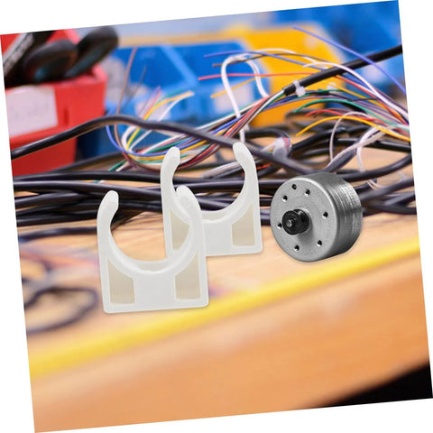 ARTIBETTER white plastic motor clamp brackets for DC geared brush motors; 20-pack shown with small DC motor.