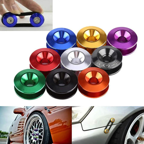 Red Universal Bumper Quick Release Kit For Cars Front And Rear Trunk Fasteners in multiple colors, including red, black, and blue.