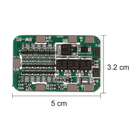 Heavy Duty 6S 24V BMS For Lithium Ion 18650 Battery Packs No Stress Protection Board dimensions 5 cm x 3.2 cm with electronic components.