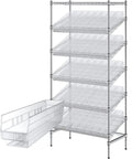 Premium Heavy Duty Garage Storage Rack With Forty Clear Slanted Bins And Commercial Metal Wire Shelving Unit, five-tier design.