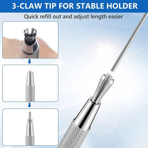 Close-up of 4 Pack Welders Pencils with 48 Silver Round Refills, metal marker pen showing 3-claw tip for stable holder.