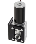 Front view: 12V DC worm gear motor with metal mounting bracket and black cylinder housing; output shaft from gearbox.