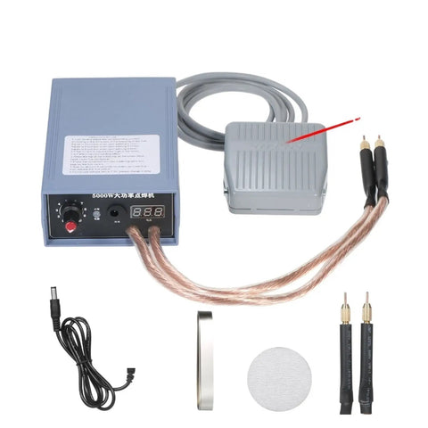 Beast 5000W Portable Spot Welder for 18650 Battery Packs with foot pedal and accessories displayed