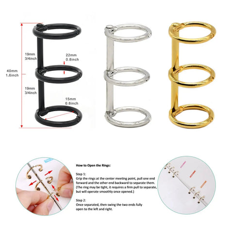 Go To 3 Hole Punch And 12 Piece Metal Ring Binder Set For A5 To A8 Notebooks Travel Journal Scrapbook And Photo Album shown in black, silver, and gold rings