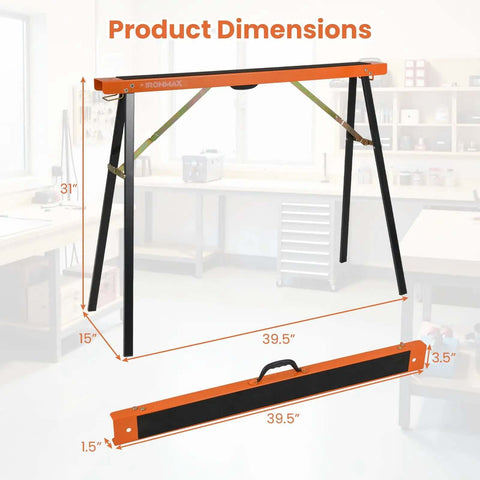 Dimensions of Beefy Saw Horses 2 Pack Portable Galvanized Metal Work Stand with Non Slip Top and Hinge Brace.