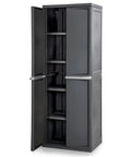 4 Shelf Heavy Duty Plastic Storage Cabinet With Easy Assembly For Garage Basement Attic And Mudroom Gray Storage Unit For Bins And Tools Built Like A Tank No Fuss Setup And Maximum Organization, front view with open doors and adjustable shelves visible