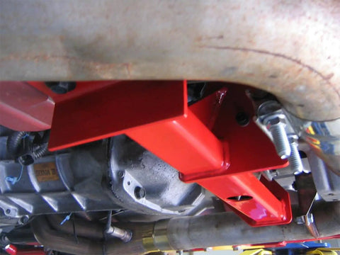 Torque Arm Relocation Kit For 1998 To 2002 Camaro Firebird With Manual Transmission Red Finish Street Ready That Boosts Launch And Driveline Stability Direct Fit For GM F Body Cars installed undercarriage