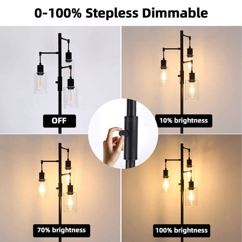 Three Light Industrial Floor Lamp With Glass Shades For Living Room Dope Vibe showing dimming levels from 0% to 100%