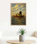 Vintage Cat Rowboat Framed Wall Art Cozy Coastal Ocean Scene Print For Living Room Bedroom Dorm Office Retro Aesthetic Canvas Painting Poster Gallery Wrapped 24 By 36 Inches Funny Trendy Vibe Wall Decor