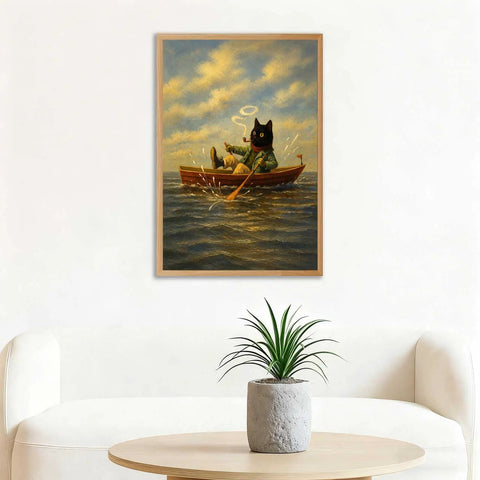 Vintage Cat Rowboat Framed Wall Art Cozy Coastal Ocean Scene Print For Living Room Bedroom Dorm Office Retro Aesthetic Canvas Painting Poster Gallery Wrapped 24 By 36 Inches Funny Trendy Vibe Wall Decor