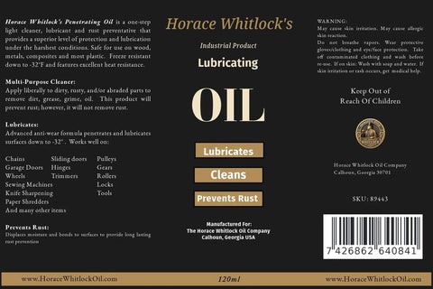 Rugged Industrial Lubricating Oil For Tools And Machinery With Rust Prevention No Fuss All Purpose Cleaner And Lubricant Freeze Resistant At Minus 32 Degrees Fahrenheit High Heat Tolerance Cleans Lubricates And Prevents Rust 120ml bottle front label.