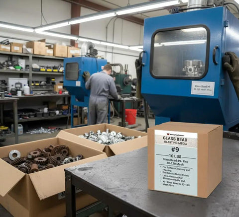 Industrial workshop with Fine Glass Bead Number Nine Sand Blasting Media box, machinery, and parts visible in the background.