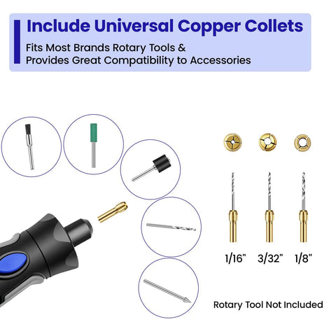 652 Piece Rotary Tool Accessory Kit For Dremel And Compatible Brands showing copper collets and drill bits