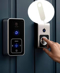 Eight Piece All In One Doorbell Key Tool Kit With Stainless Steel Opening Pins And Screwdriver For Nest Arlo And Eufy Video Doorbells Easy Mount Removal And Battery Change For Reliable Home Security shown next to a video doorbell with hand operating.