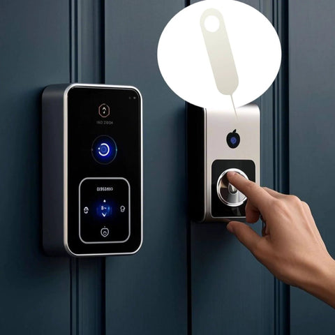 Eight Piece All In One Doorbell Key Tool Kit With Stainless Steel Opening Pins And Screwdriver For Nest Arlo And Eufy Video Doorbells Easy Mount Removal And Battery Change For Reliable Home Security shown next to a video doorbell with hand operating.