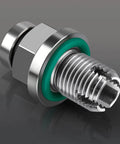 Oversize Piggyback Oil Drain Plug M12.1 X 1.75 X 15mm Stainless Self Tapping Thread Repair Kit showing detailed thread design and green sealing washer.