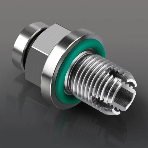 Oversize Piggyback Oil Drain Plug M12.1 X 1.75 X 15mm Stainless Self Tapping Thread Repair Kit showing detailed thread design and green sealing washer.