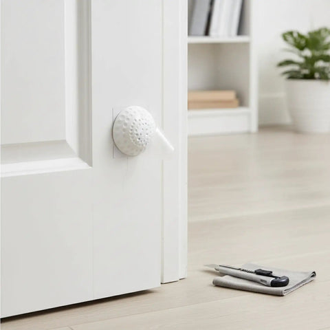 Peel And Stick Silicone Door Stopper No-Drill Self-Adhesive Wall Bumper on a white door in a home office setting