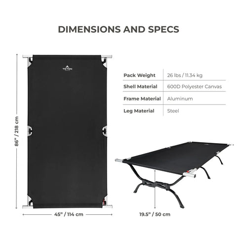 Heavy Duty XXL Camping Cot For Adults With Pivot Arm Easy Setup, oversized elevated sleeping bed with steel and aluminum frame