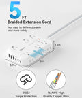 Power Strip With USB and 2100J Surge Protector Five Foot Flat Plug Extension Cord 12 Outlets and 6 USB Ports Including 3 USB C Fast Charging Station 3 Side Outlet Extender Wall Mountable for Tablets Laptops and More, showing design and dimensions on a white background.