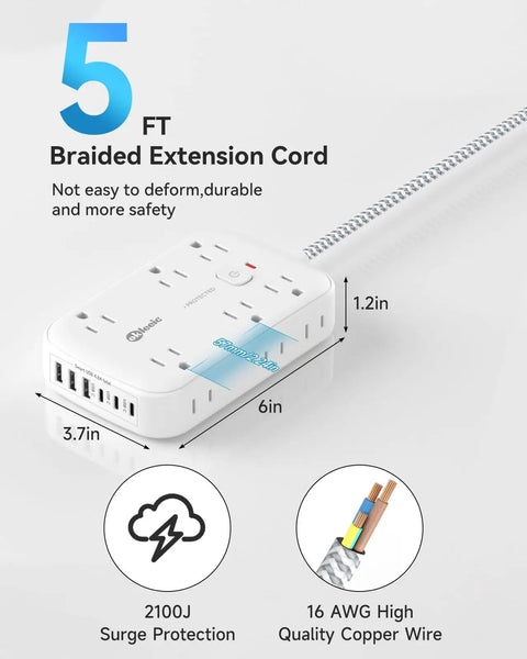 Power Strip With USB and 2100J Surge Protector Five Foot Flat Plug Extension Cord 12 Outlets and 6 USB Ports Including 3 USB C Fast Charging Station 3 Side Outlet Extender Wall Mountable for Tablets Laptops and More, showing design and dimensions on a white background.
