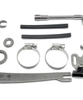 V6 Universal Ebike Torque Arm For Front And Rear Motors Fits 12mm 14mm And 16mm Axles Hardened Insert For Double Spinout Strength Frame Mounted With Hose Clamps Beefy Heavy Duty Stainless Steel Construction, parts laid out