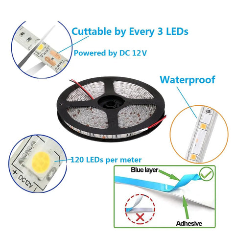 Flexible 600 LED 12V Daylight White LED Strip Light 16.4ft 5m IP65 Waterproof reel with cuttable and adhesive features shown