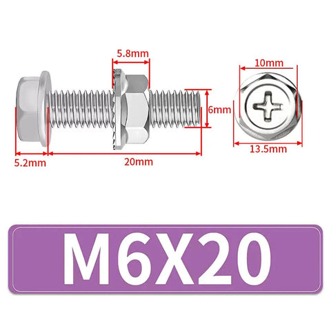 M6 Cross Flange Bolts And Nuts Kit With Toothed Lock Washers, Serrated Hex Head Screws, dimensions and measurements shown