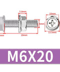 M6 Cross Flange Bolt And Nut Kit With Toothed Lock Washers, 20 Sets, Built To Last SS304 Stainless Steel Fasteners For Indoor And Outdoor Use, Heavy Duty Strength, Smooth Threads, Quick Easy Assembly. M6x20 with dimensions shown