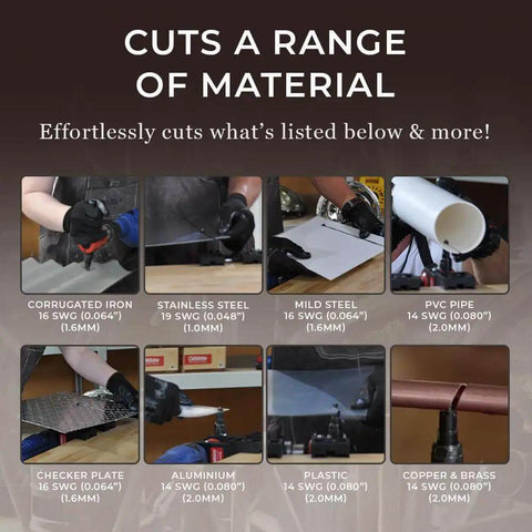 Pro Grade Sheet Metal Nibbler Bundle with Drill Attachment cutting various materials, including corrugated iron, stainless steel, and PVC pipe.