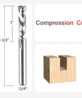 Compression Router Bits Set Five Pieces With One Quarter Inch Shank And One Quarter Inch Cutting Diameter Carbide Up Down CNC Router Bits For Woodworking Carving Slotting And Edge Cutting Pro Grade Durability And Clean Tear Free Cuts shown with dimensions and wood cut example