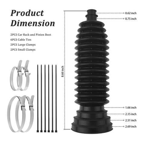 Truck Grade Two Piece Inner Tie Rod Boot Kit With Trimmable Sleeves And Cranking Clamps for steering rack, 8.66 inch length, black rubber.