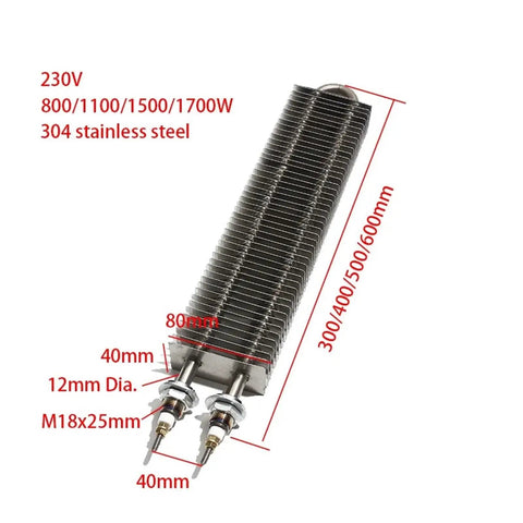 Professional Grade Electric Finned Tubular Heater Featuring M18 Stainless Steel Threads And Broad Rectangular Fins dimensions and connections.