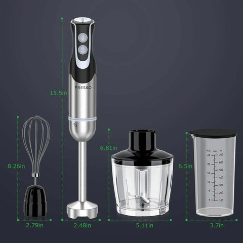 Pro Level 500W Immersion Hand Blender Kicked Up With 12 Variable Speed Settings Plus Turbo Boost Option And Reliable 4in 1 Kitchen Wand components with measurements.