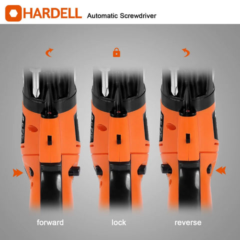 Cordless Electric Screwdriver 3.6V With Rear Flashlight 6 In 1 Furniture Assembly Set showing forward, lock, reverse modes