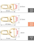 Three gold metal lobster claw clips with measurements; Six Pack Three Quarters Inch Detachable Snap Hooks With Swivel Clasps for keychains.