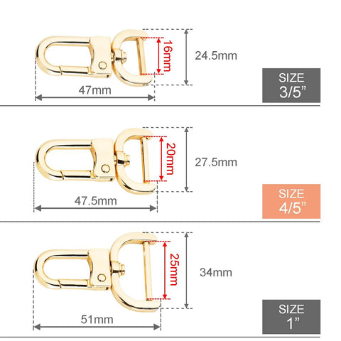 Three gold metal lobster claw clips with measurements; Six Pack Three Quarters Inch Detachable Snap Hooks With Swivel Clasps for keychains.