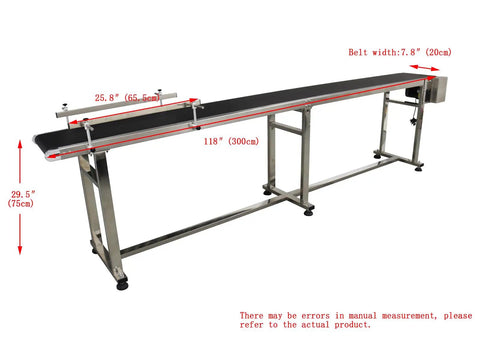 PVC Flat Belt Conveyor With Adjustable Speed 118 By 7.8 Inch Industrial Transport Belt Black 110V 250W Motor Double Guardrail For Flexible Production Lines, showcasing entire conveyor length and supporting frame.